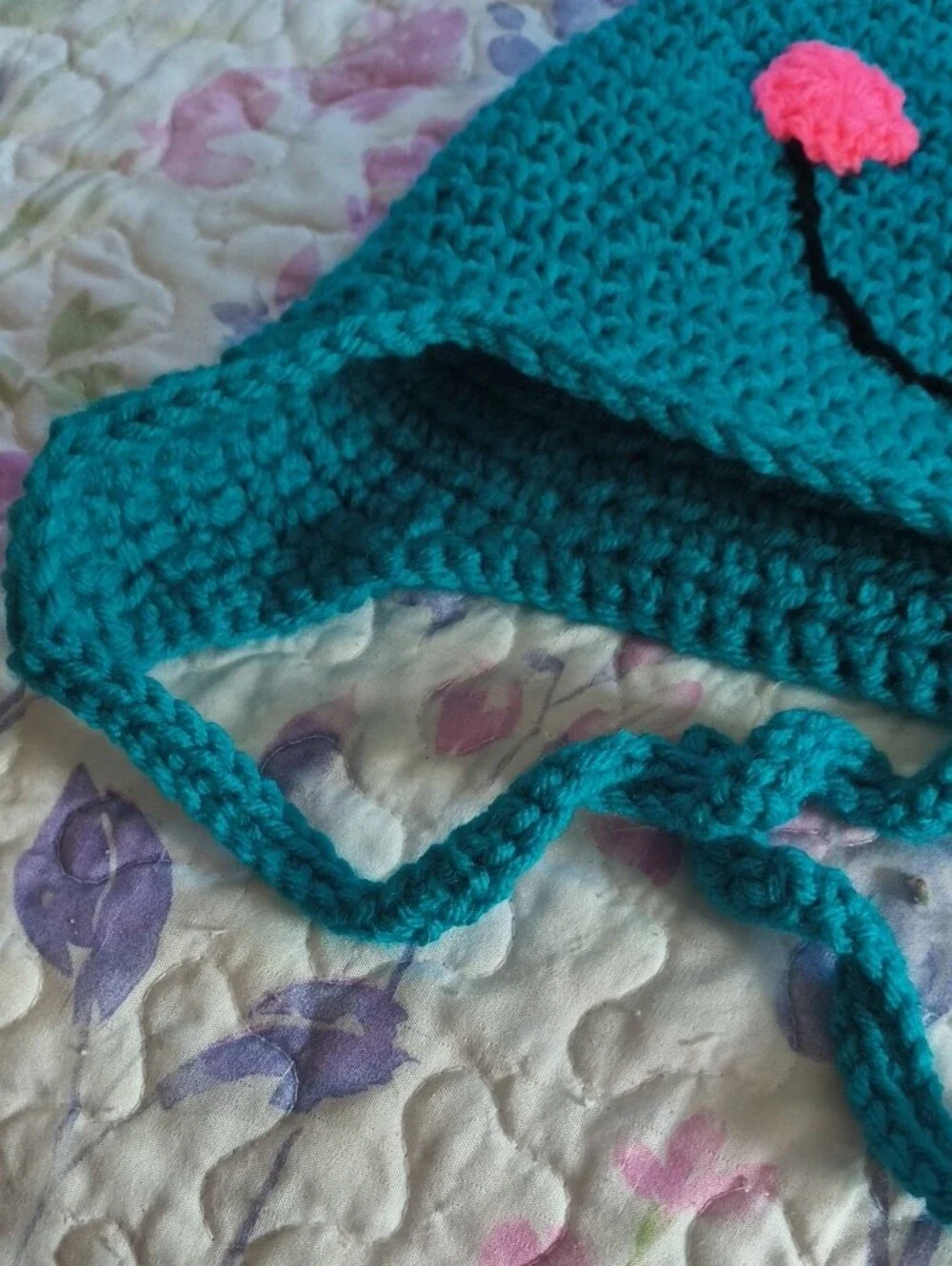 Handmade Teal Frog Crochet Earflap Hat with Pink Cheeks